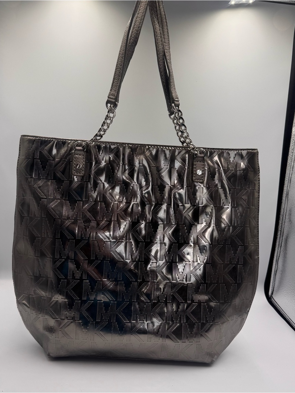 Michael Kors Metallic Pewter MK-Logo Tote with Chain Strap